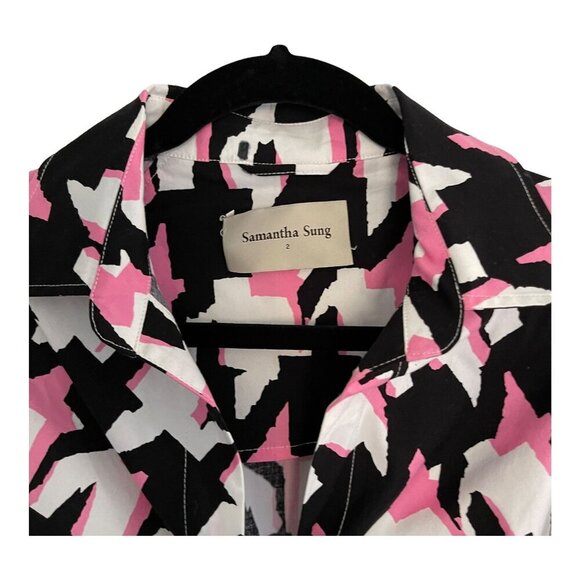 Samantha Sung Pink Black Houndstooth Print Shirt Dress Wrap Belt Pockets Size S - Picture 2 of 11